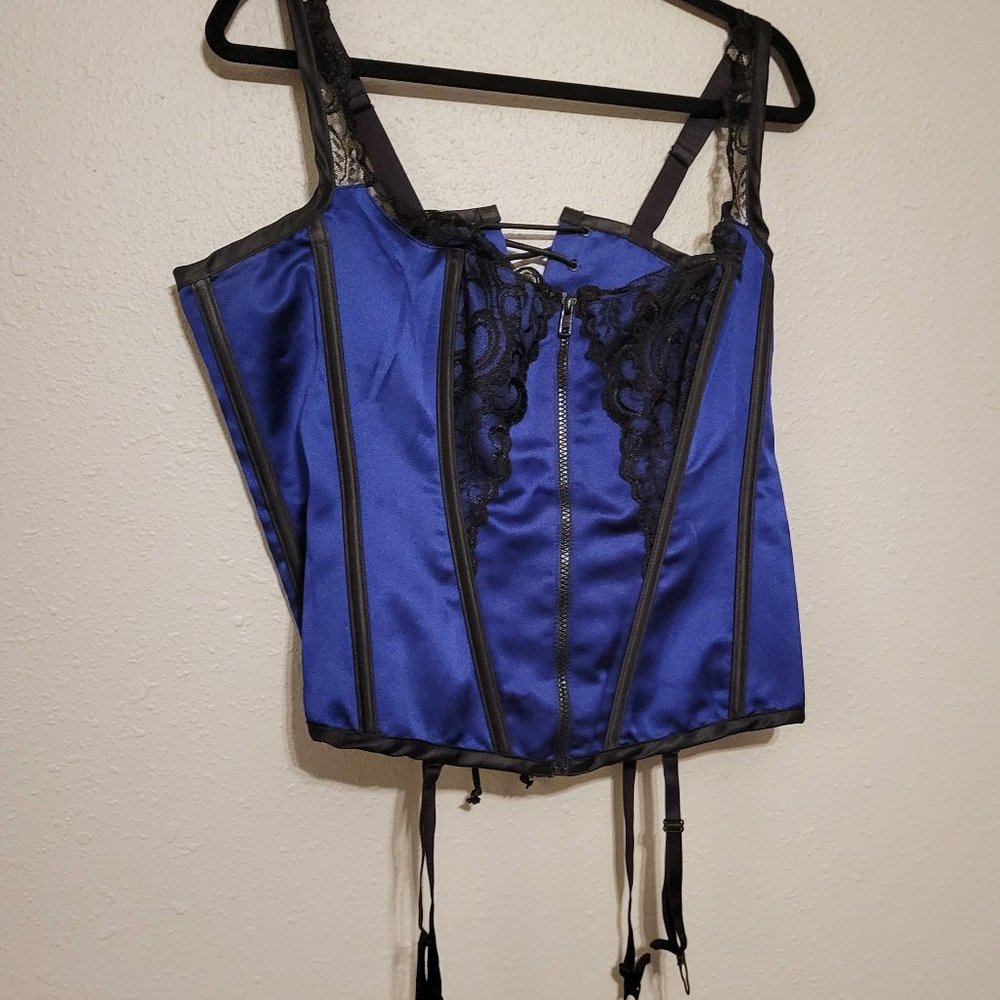 Torrid Blue Satin Black Lace Bustier 42
